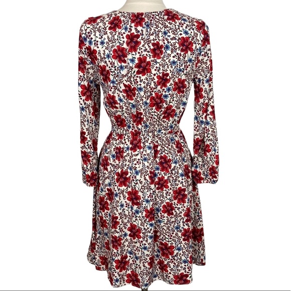 Cream and Red Floral V Neck Long Sleeve Dress - Picture 7 of 14